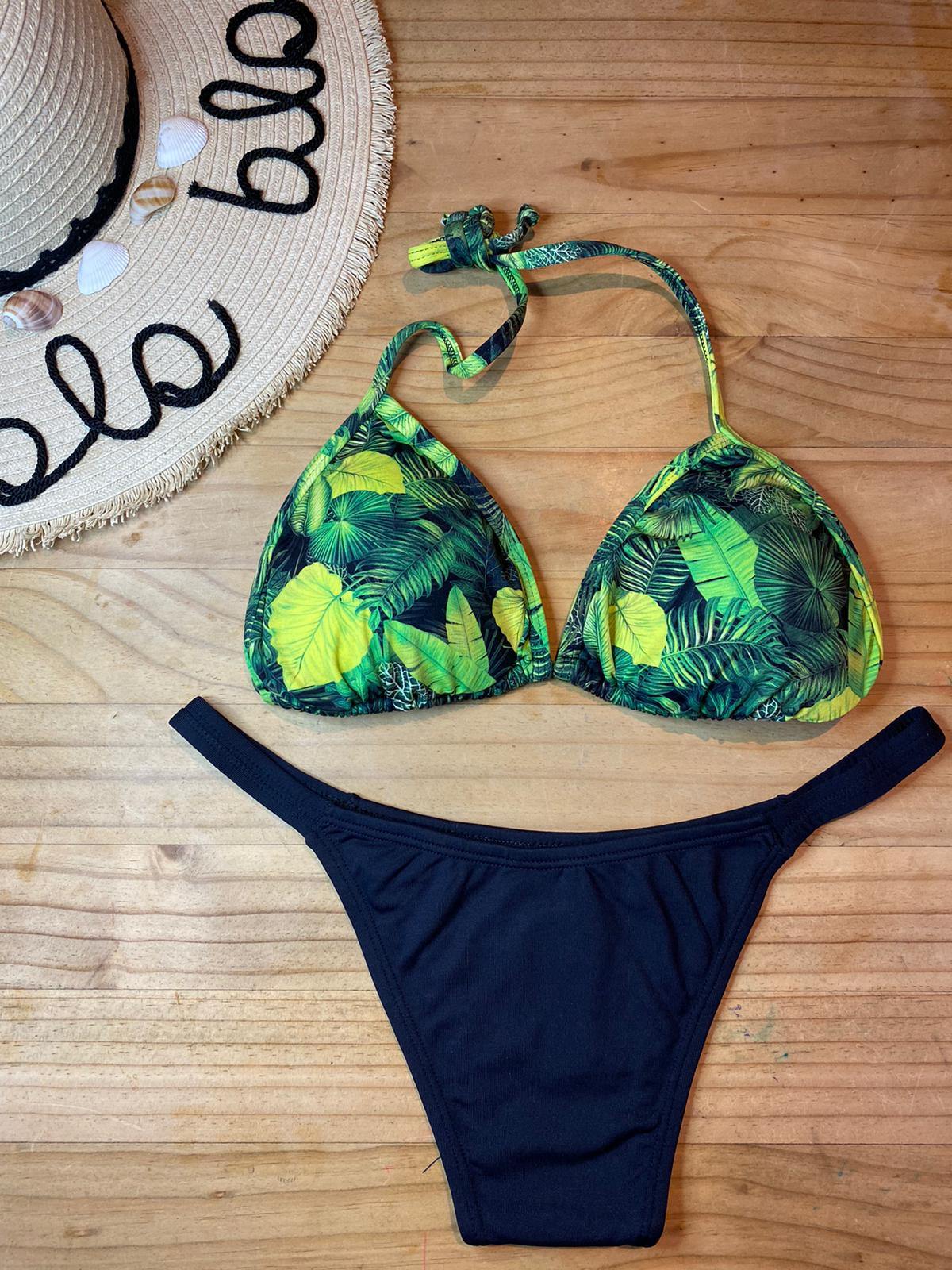 HALTER NECK BIKINI SET WITH TROPICAL PRINT TOP