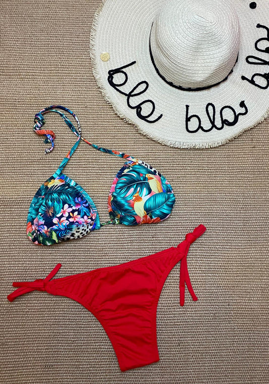 HALTER NECK TROPICAL PRINT BIKINI SET