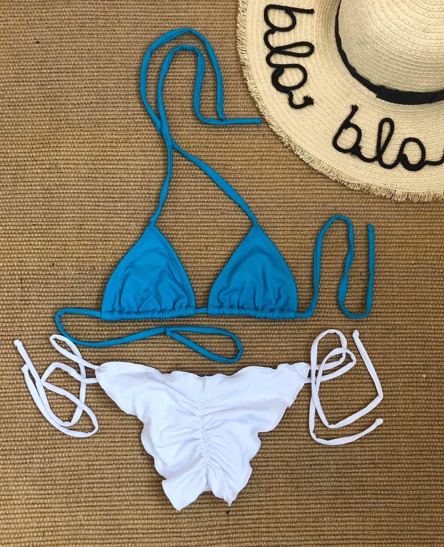 BLUE TRIANGLE HALTER NECK TOP & WHITE BOTTOM