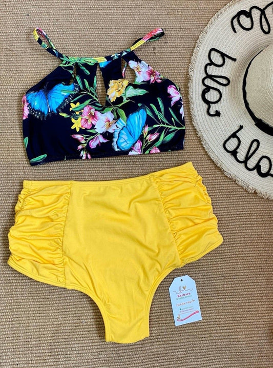 LACE UP BACK HIGH WAIST FLORAL PRINT BIKINI SET