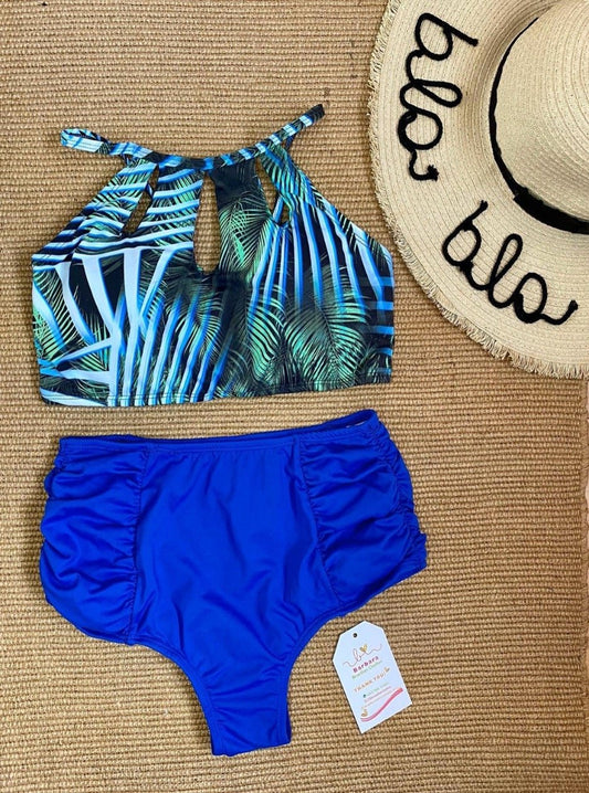 LACE UP BACK HIGH WAIST BIKINI SET - BLUE