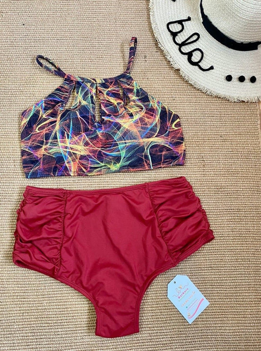 LACE UP BACK HIGH WAIST GRAFIC PRINT BIKINI SET