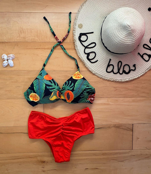 TRIANGLE HALTER NECK FRUIT PRINT HIGH WAIST BIKINI SET