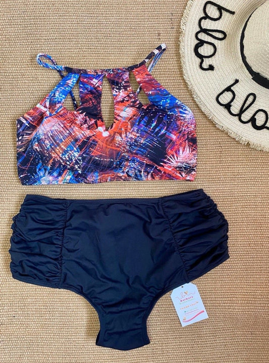 LACE UP BACK HIGH WAIST GALACTIC PRINT BIKINI SET